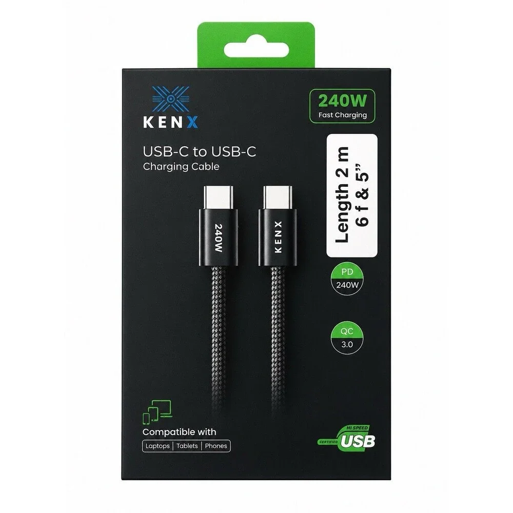 KENX 240W USB-C to USB-C Fast Charging Cable 6ft 5in Braided PD QC 3.0 New